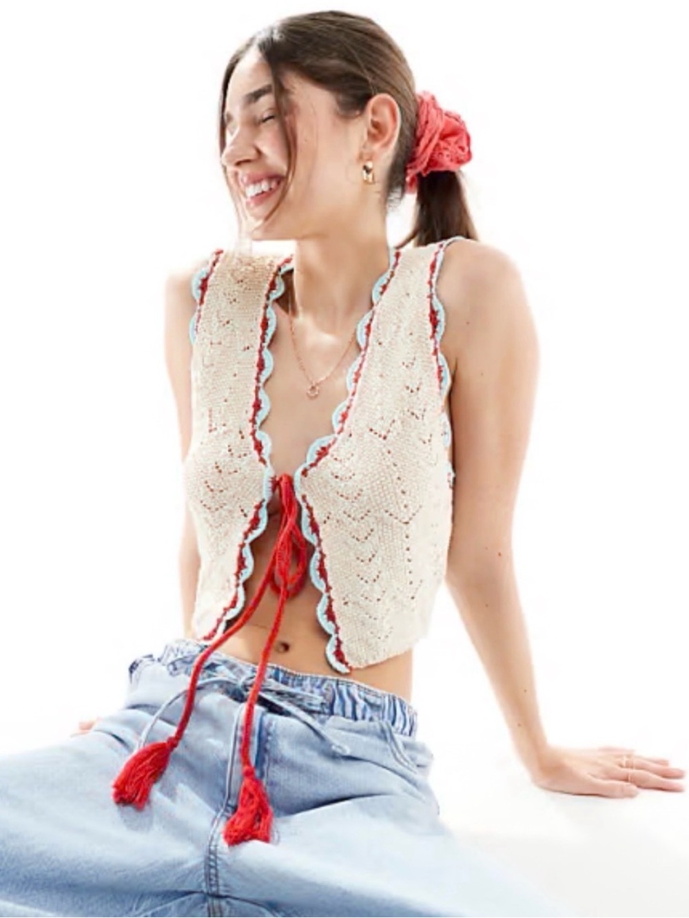 Cotton On Cream Crochet Vest with Red Tie and Light Blue Trim